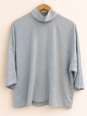 Tibi Funnel Tie Neck Top Blue Lyocell Dolman Sleeve Boxy Minimalist Size L